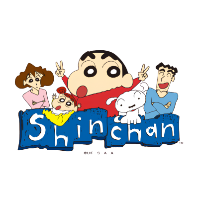 Personagens de desenho animado ao redor da palavra Shinchan em letras brancas sobre azul.