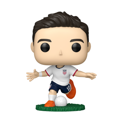 Figura Funko Pop jogador futebol EUA camisa branca calções azuis chuteiras laranja bola base verde