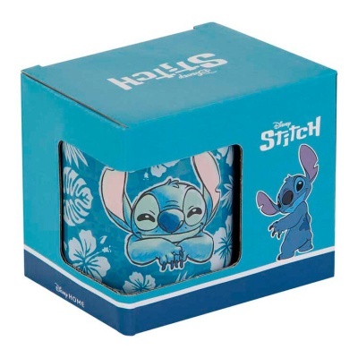 Caneca azul com estampa de Stitch da Disney dentro de caixa azul.