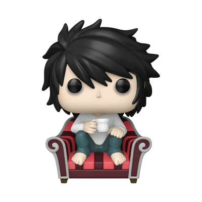 Figura de vinil tipo Funko Pop sentado numa poltrona a segurar uma chávena