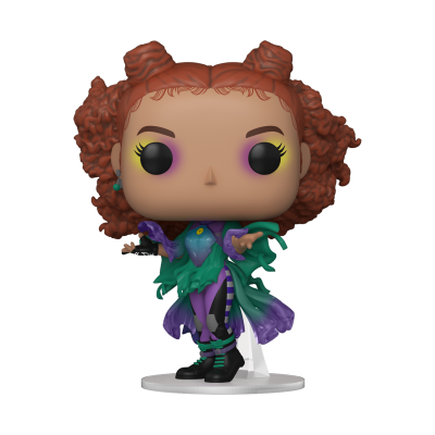 Figura Funko Pop personagem com cabelo ruivo e vestido verde e roxo