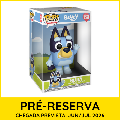 Boneco Funko POP! Bluey azul e preto na embalagem com indicação PRÉ-RESERVA