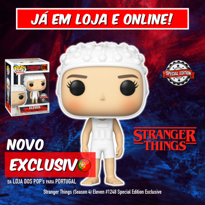 Figura Funko Pop Eleven de Stranger Things com roupa branca e boné de bolhas em fundo vermelho e azul
