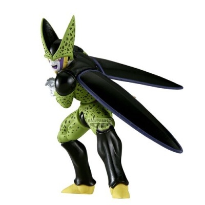 Figura de ação do personagem Cell do universo Dragon Ball em cores verde, preto, roxo e amarelo