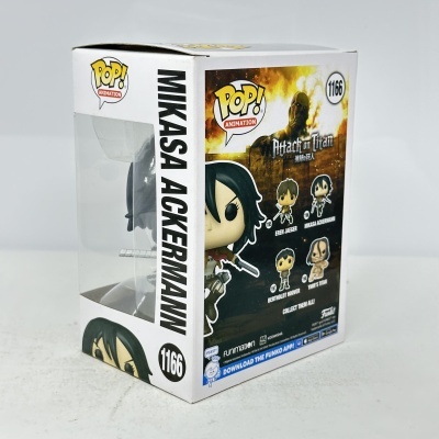 Caixa de Funko Pop da personagem Mikasa Ackermann de Attack on Titan com número 1166.