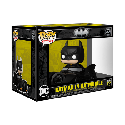 Figura Funko Pop Rides Batman in Batmobile na caixa preta e amarela