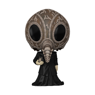 Figura Funko Pop com máscara de gás castanha, vestido preto e luvas brancas