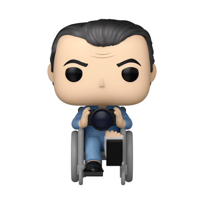 Figura Funko Pop de homem de fato azul em cadeira de rodas a segurar objeto