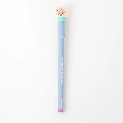 Caneta azul claro com tampa em forma de gelado rosa sorridente e texto em branco