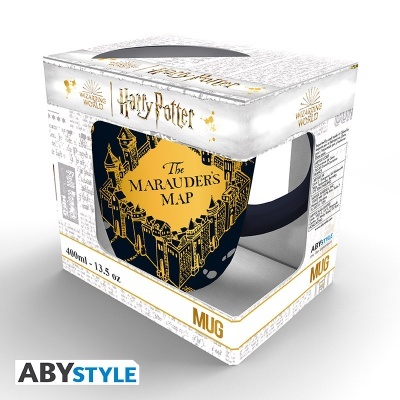 Caneca preta com design do mapa do Maroto e embalagem branca de Harry Potter