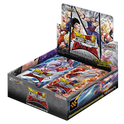 Caixa do jogo Dragon Ball Super Card Game Critical Blow com personagens e texto promocional.