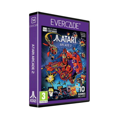Caixa de videojogo Evercade Atari Arcade 2 com ilustração de espaço e texto