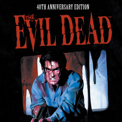Capa da edição 40º aniversário do filme The Evil Dead com homem segurando arma.