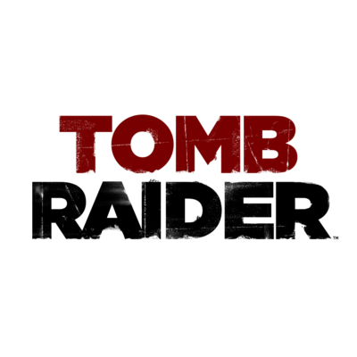 Logótipo do jogo TOMB RAIDER em letras vermelhas e pretas