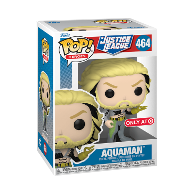 Figura Funko Pop! Aquaman da Justice League, embalagem com textos e números