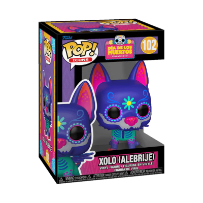 Boneco vinyl Pop! Icons Xolo (Alebrije) com padrões florais coloridos em caixa