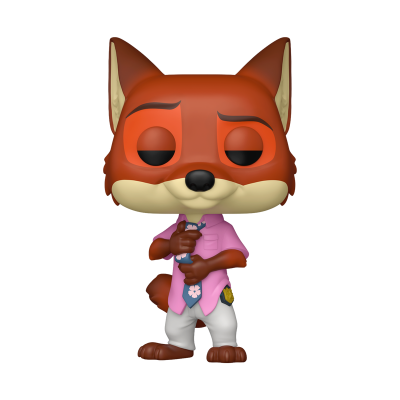 Funko Pop do Nick Wilde de Zootopia com camisa rosa e gravata azul.
