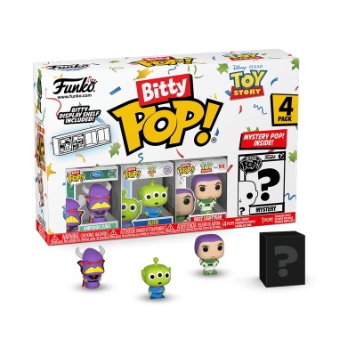 Caixa Funko Pop! Bitty Pop! Toy Story 4 Pack com figuras de personagens e uma figura surpresa preta.