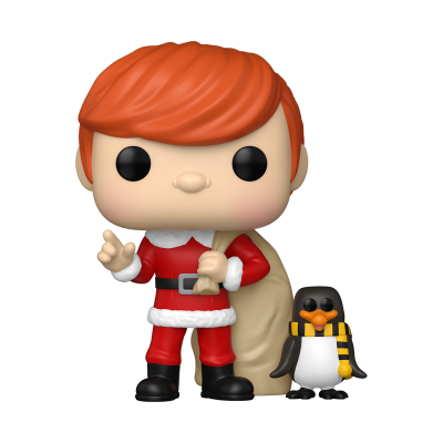Figura vinil Papai Noel ruivo com saco e pinguim com cachecol