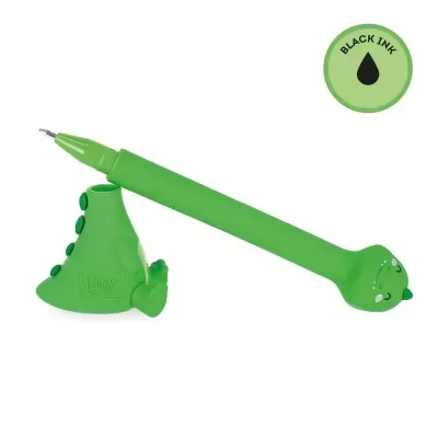 Caneta esferográfica verde dinossauro com tinta preta e tampa em forma de cauda