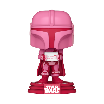 Figura Funko Pop Star Wars rosa e vermelha segurando cartão 'TO: GRAY LOVE, MANDO'