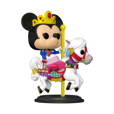 Figura colecionável da Minnie Mouse num cavalo carrossel branco detalhado.