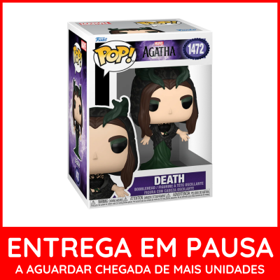 Figura Funko Pop Agatha Death na caixa com texto em inglês e aviso em português
