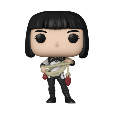 Figura Funko Pop de vinil com cabelo preto curto, roupa preta e branca e corda com pesos vermelhos