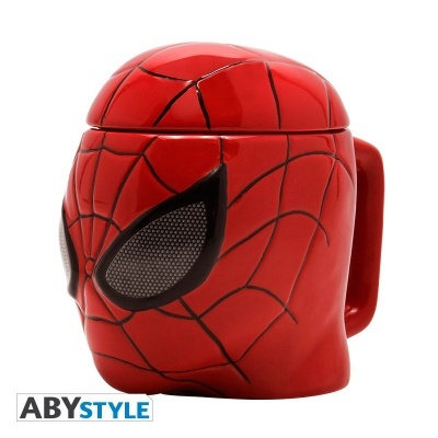 Caneca em forma da cabeça do Spider-Man vermelha com padrão de teia preta.