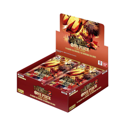 Caixa com pacotes do jogo de cartas THE BEST 2 ONE PIECE em vermelho com personagens do anime.