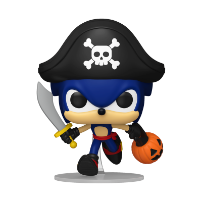 Figura Funko Pop do Sonic vestido de pirata segurando espada e abóbora de Halloween.