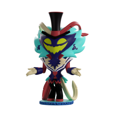 Figura de vinil colorida com cabelo azul claro e máscara roxa e amarela