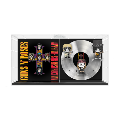 Conjunto colecionável Guns N' Roses com disco prateado e figuras da banda