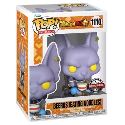 Caixa com figura Funko Pop! de Beerus a comer noodles da série Dragon Ball Super
