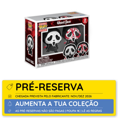 Caixa de chaveiros Pocket Pop! Keychain Ghost Face com duas figuras em vinil, branca e preta e outra com manchas vermelhas.