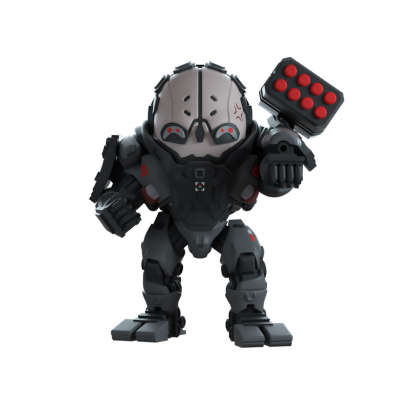 Figura robótica cinzenta com armadura preta e detalhes vermelhos e lançador no braço.