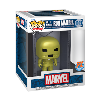 Figura Funko Pop! Deluxe Hall of Armor Iron Man dourada na embalagem