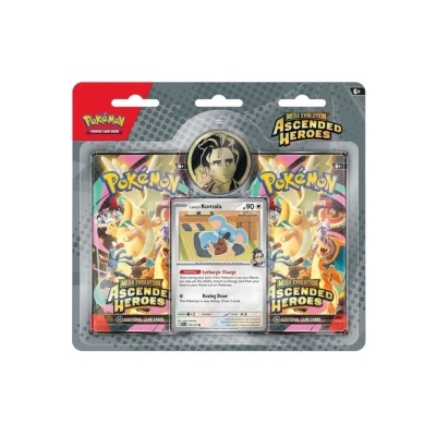 Embalagem de cartas Pokémon Mega Evolution Ascended Heroes com carta Larrys Komala e moeda de personagem