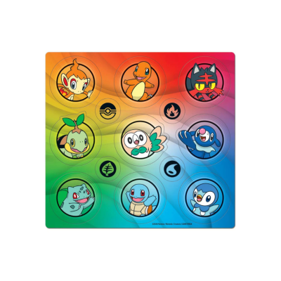 Ilustração colorida de Pokémon com fundo arco-íris e círculos transparentes com personagens.