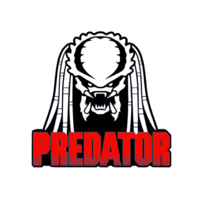 Logotipo com cabeça estilizada de Predador preto e branco e texto PREDATOR em vermelho
