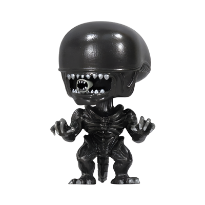 Figura colecionável de monstro alienígena preto com cabeça grande e dentes à mostra