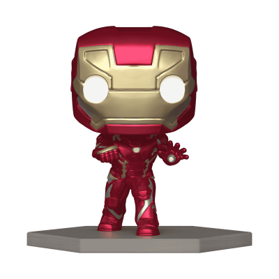 Figura Funko Pop Homem de Ferro vermelho com capacete dourado em base cinzenta