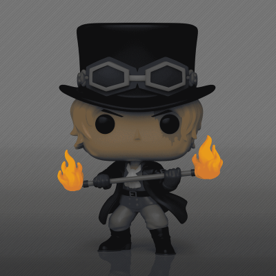 Figura Funko Pop loira com chapéu preto e óculos, segurando haste com fogo