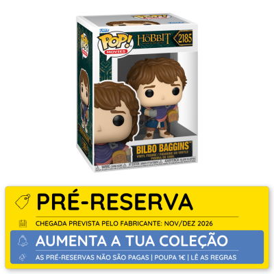 Funko Pop Bilbo Baggins de The Hobbit na caixa e selo de pré-reserva em amarelo e azul