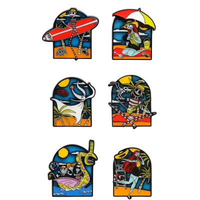 Seis pins coloridos de esmalte com esqueletos em cenas de praia