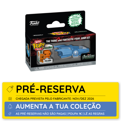 Funko Pop! Bitty Pop Rides The Thing e Fantastic Four Jump Jet em caixa preta e vermelha