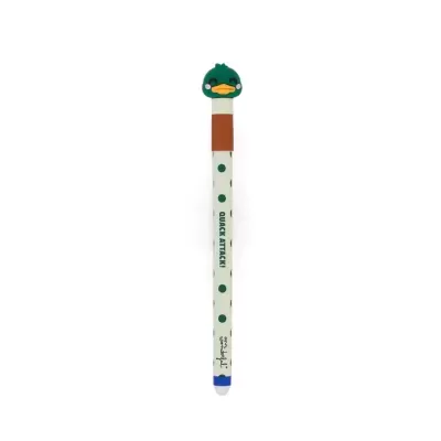 Caneta decorativa com topo de pato e padrão de bolinhas verdes
