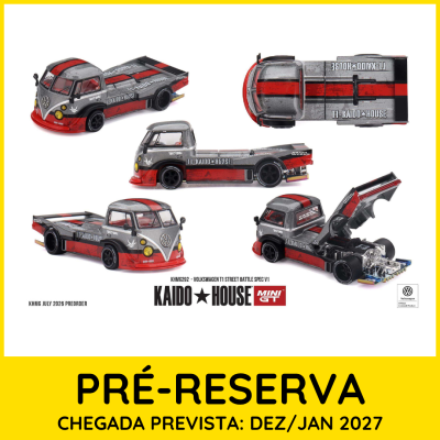 Modelo de carrinha Volkswagen T1 Street Battle Spec V1 em miniatura, vermelho, cinzento e preto, com texto TI-KAIDO HOUSE