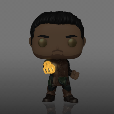 Figurine Funko Pop masculina com roupa verde castanha e mão dourada brilhante