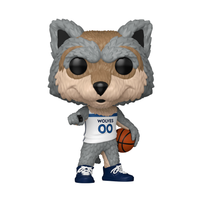 Figura colecionável de lobo cinzento com camisola de basquetebol branca WOLVES 00 segurando bola